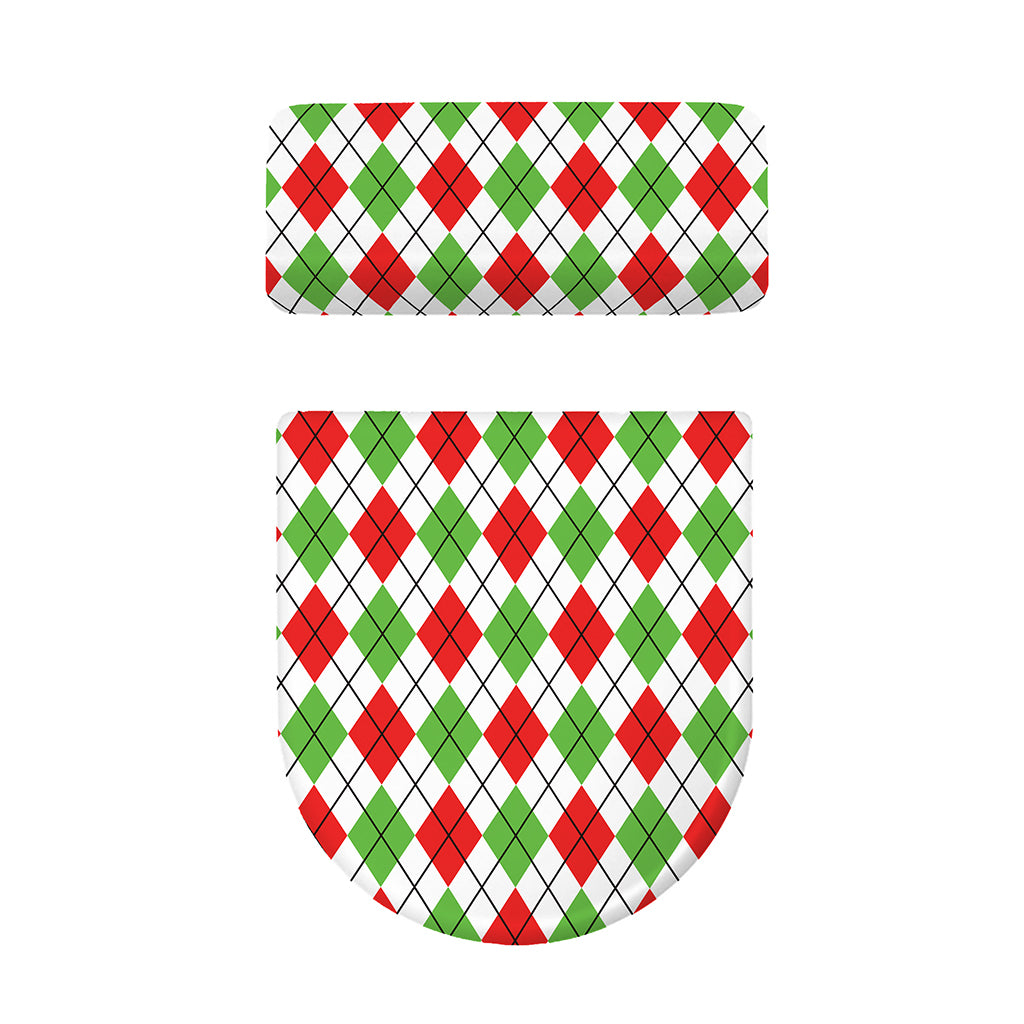 Green Red And White Argyle Pattern Print Toilet Lid And Tank Cover Set