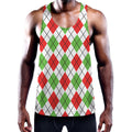 Green Red And White Argyle Pattern Print Men's Workout Tank Top