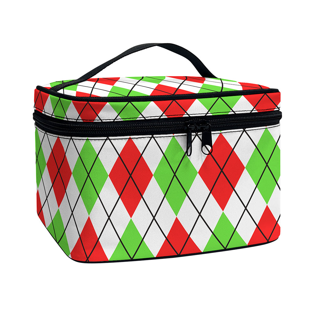 Green Red And White Argyle Pattern Print Travel Makeup Bag