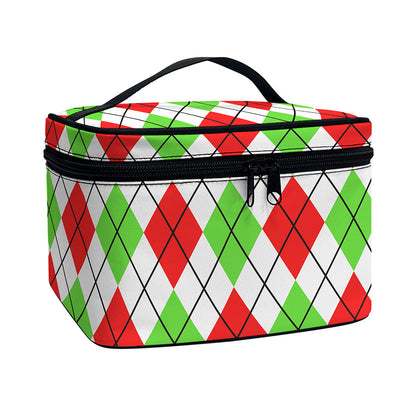Green Red And White Argyle Pattern Print Travel Makeup Bag