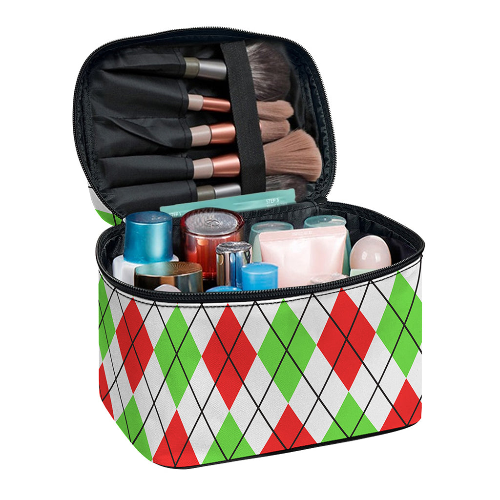 Green Red And White Argyle Pattern Print Travel Makeup Bag