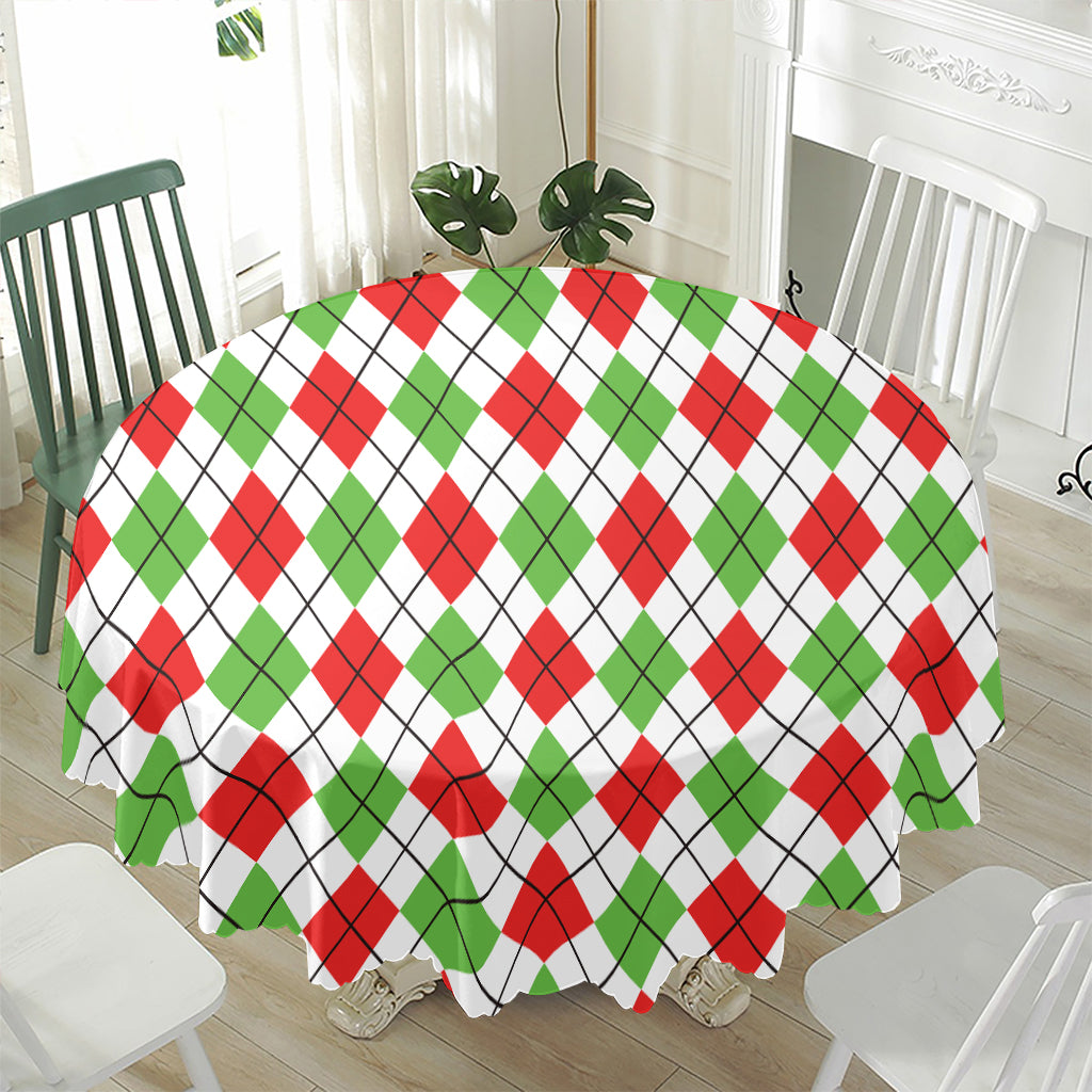 Green Red And White Argyle Pattern Print Waterproof Round Tablecloth