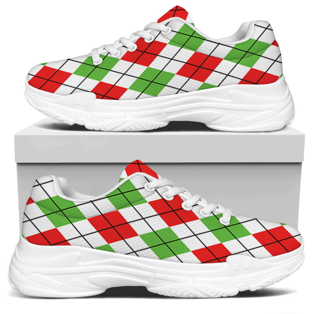 Green Red And White Argyle Pattern Print White Chunky Shoes