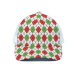 Green Red And White Argyle Pattern Print White Mesh Trucker Cap