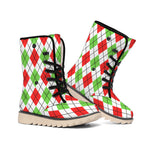 Green Red And White Argyle Pattern Print Winter Boots