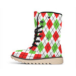Green Red And White Argyle Pattern Print Winter Boots