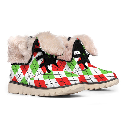 Green Red And White Argyle Pattern Print Winter Boots
