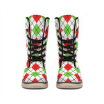 Green Red And White Argyle Pattern Print Winter Boots