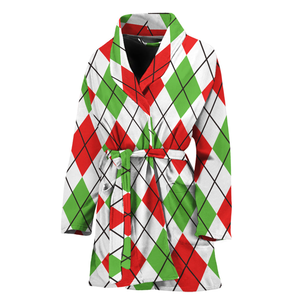 Green Red And White Argyle Pattern Print Women's Bathrobe