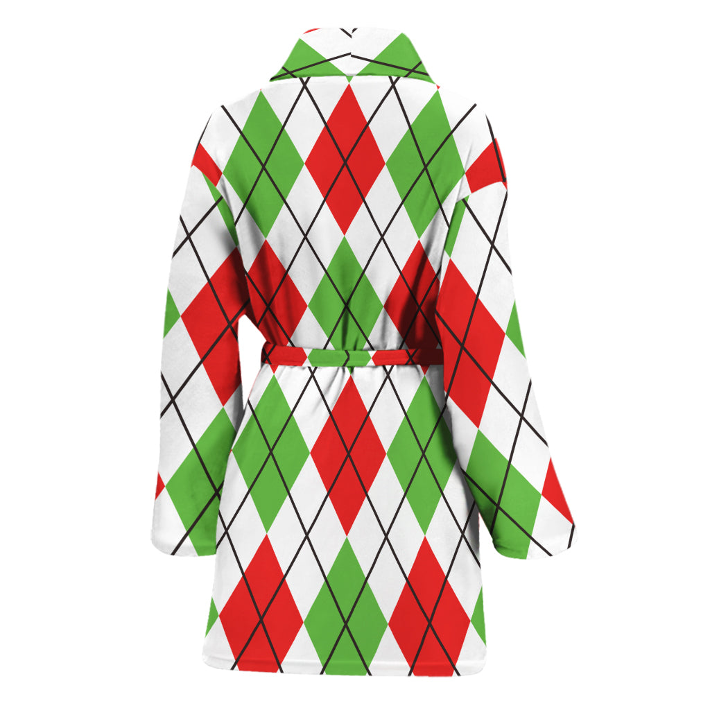 Green Red And White Argyle Pattern Print Women's Bathrobe