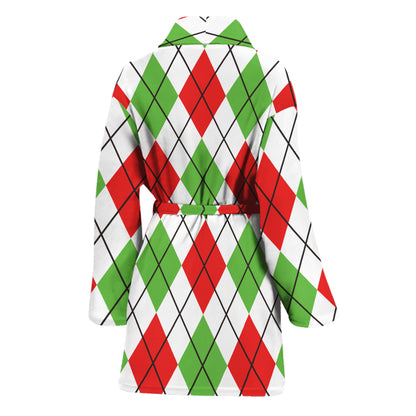 Green Red And White Argyle Pattern Print Women's Bathrobe