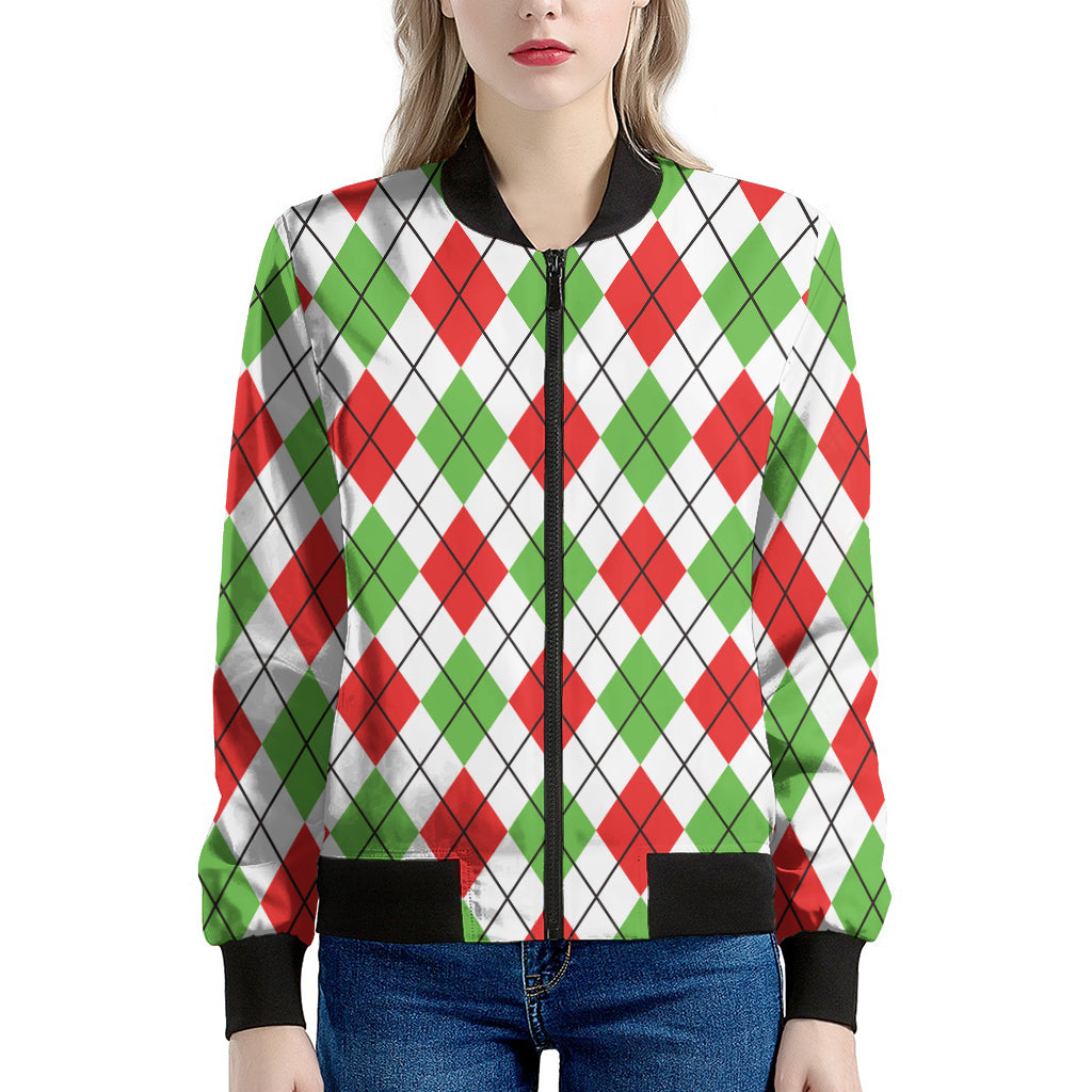 Green Red And White Argyle Pattern Print Women's Bomber Jacket