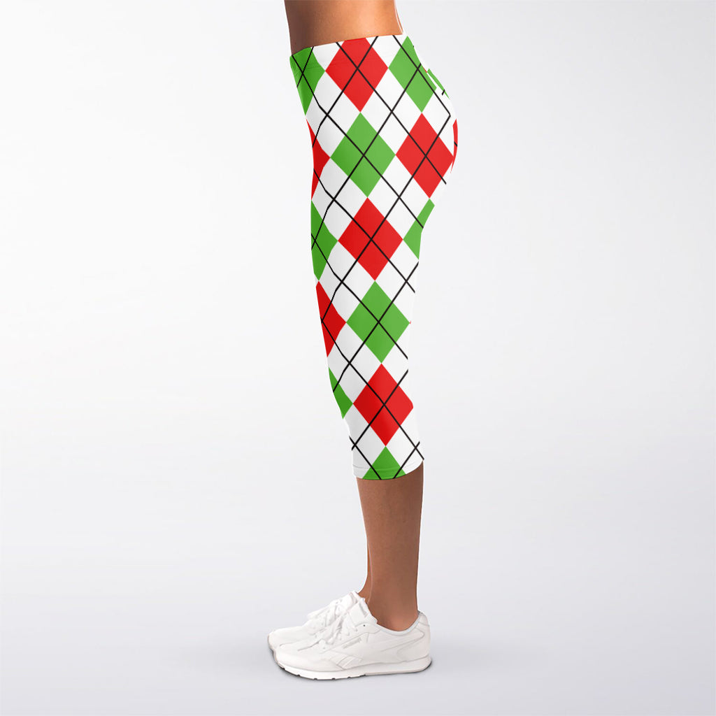Green Red And White Argyle Pattern Print Women's Capri Leggings
