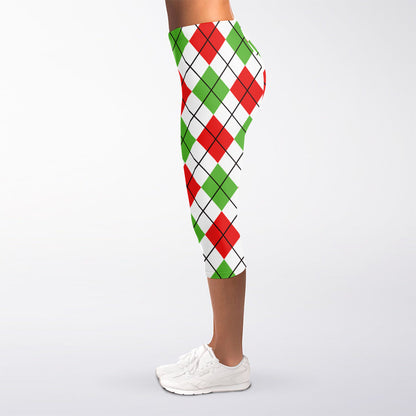 Green Red And White Argyle Pattern Print Women's Capri Leggings