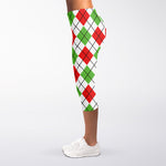 Green Red And White Argyle Pattern Print Women's Capri Leggings