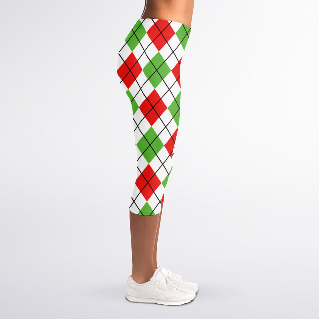 Green Red And White Argyle Pattern Print Women's Capri Leggings