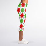 Green Red And White Argyle Pattern Print Women's Capri Leggings