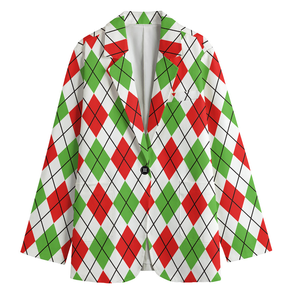 Green Red And White Argyle Pattern Print Women's Cotton Blazer