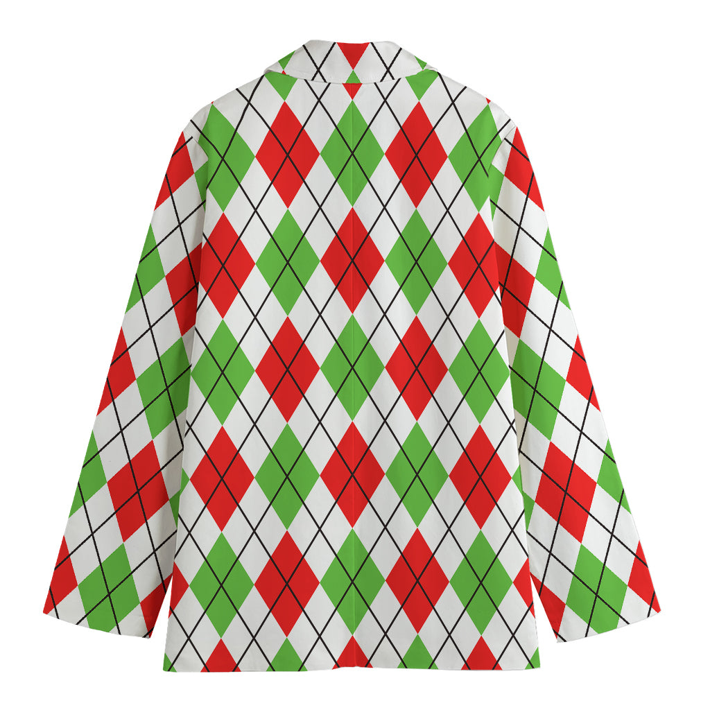 Green Red And White Argyle Pattern Print Women's Cotton Blazer