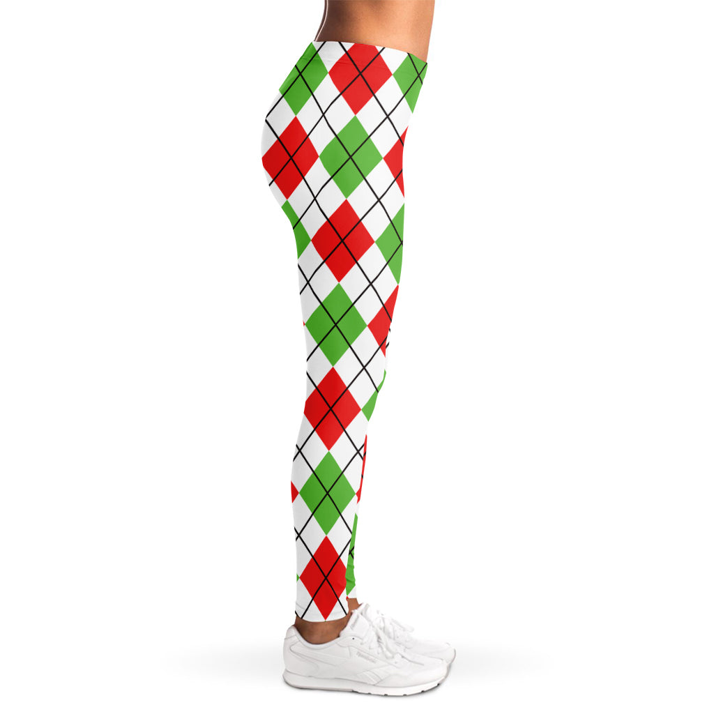 Green Red And White Argyle Pattern Print Women's Leggings