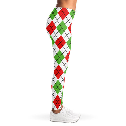 Green Red And White Argyle Pattern Print Women's Leggings