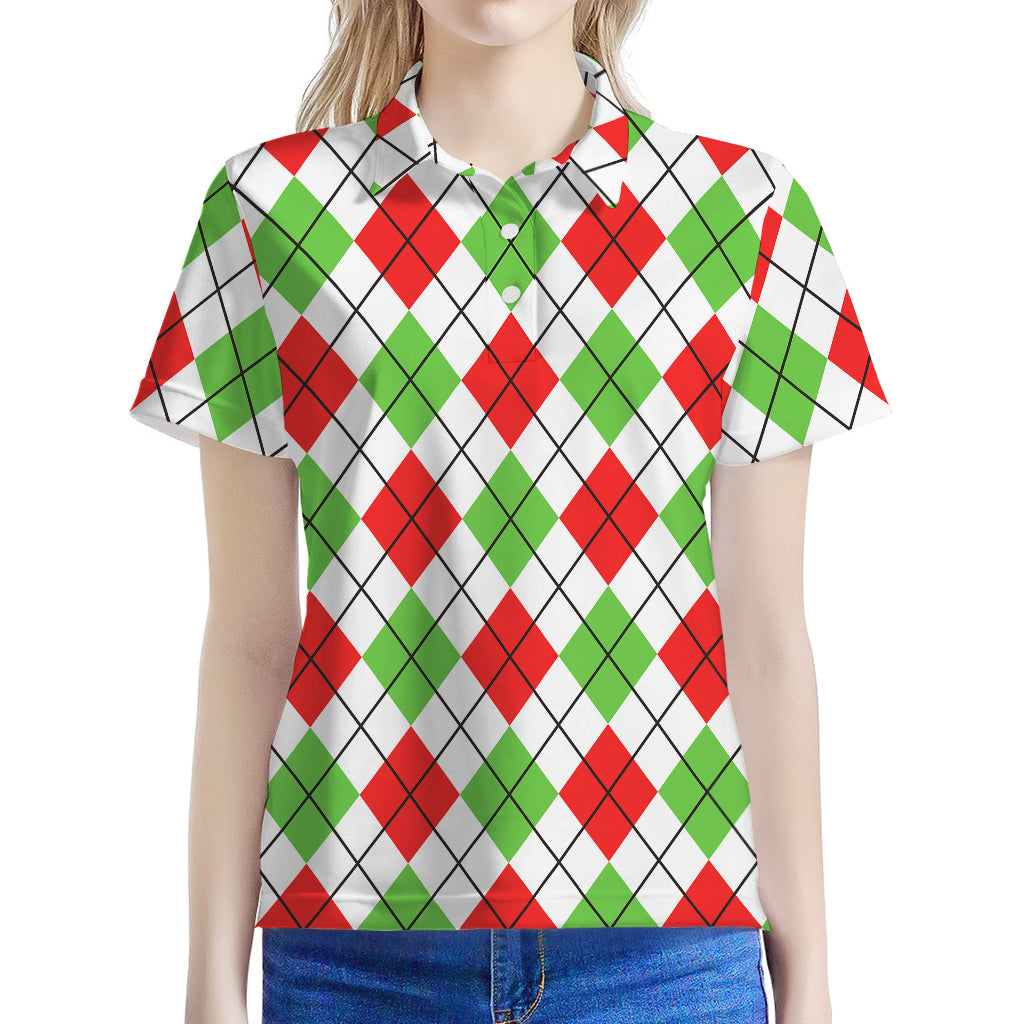 Green Red And White Argyle Pattern Print Women's Polo Shirt