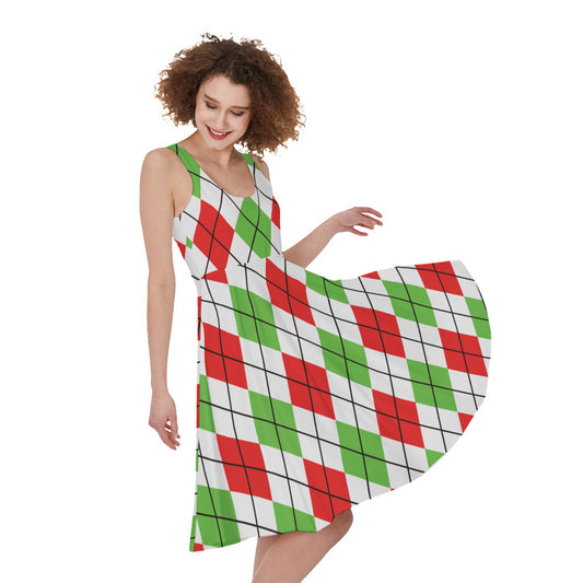 Green Red And White Argyle Pattern Print Women's Sleeveless Dress