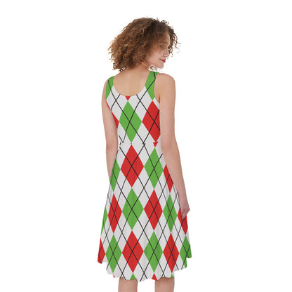 Green Red And White Argyle Pattern Print Women's Sleeveless Dress