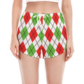 Green Red And White Argyle Pattern Print Women's Split Running Shorts