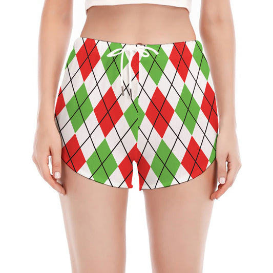 Green Red And White Argyle Pattern Print Women's Split Running Shorts