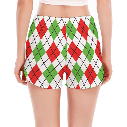 Green Red And White Argyle Pattern Print Women's Split Running Shorts