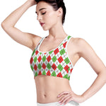 Green Red And White Argyle Pattern Print Women's Sports Bra