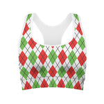 Green Red And White Argyle Pattern Print Women's Sports Bra