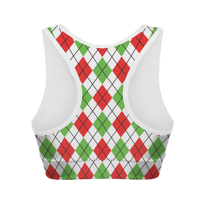 Green Red And White Argyle Pattern Print Women's Sports Bra