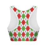 Green Red And White Argyle Pattern Print Women's Sports Bra