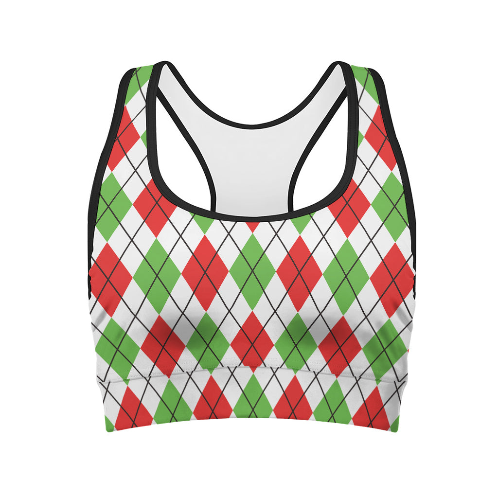 Green Red And White Argyle Pattern Print Women's Sports Bra