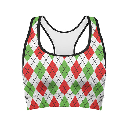 Green Red And White Argyle Pattern Print Women's Sports Bra