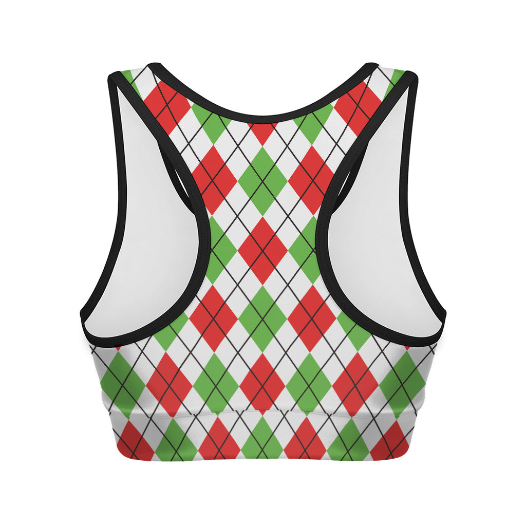 Green Red And White Argyle Pattern Print Women's Sports Bra