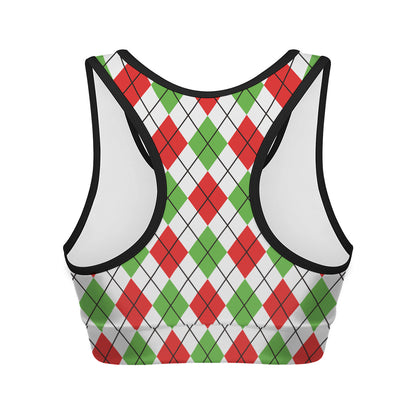 Green Red And White Argyle Pattern Print Women's Sports Bra