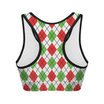 Green Red And White Argyle Pattern Print Women's Sports Bra