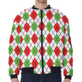 Green Red And White Argyle Pattern Print Zip Sleeve Bomber Jacket