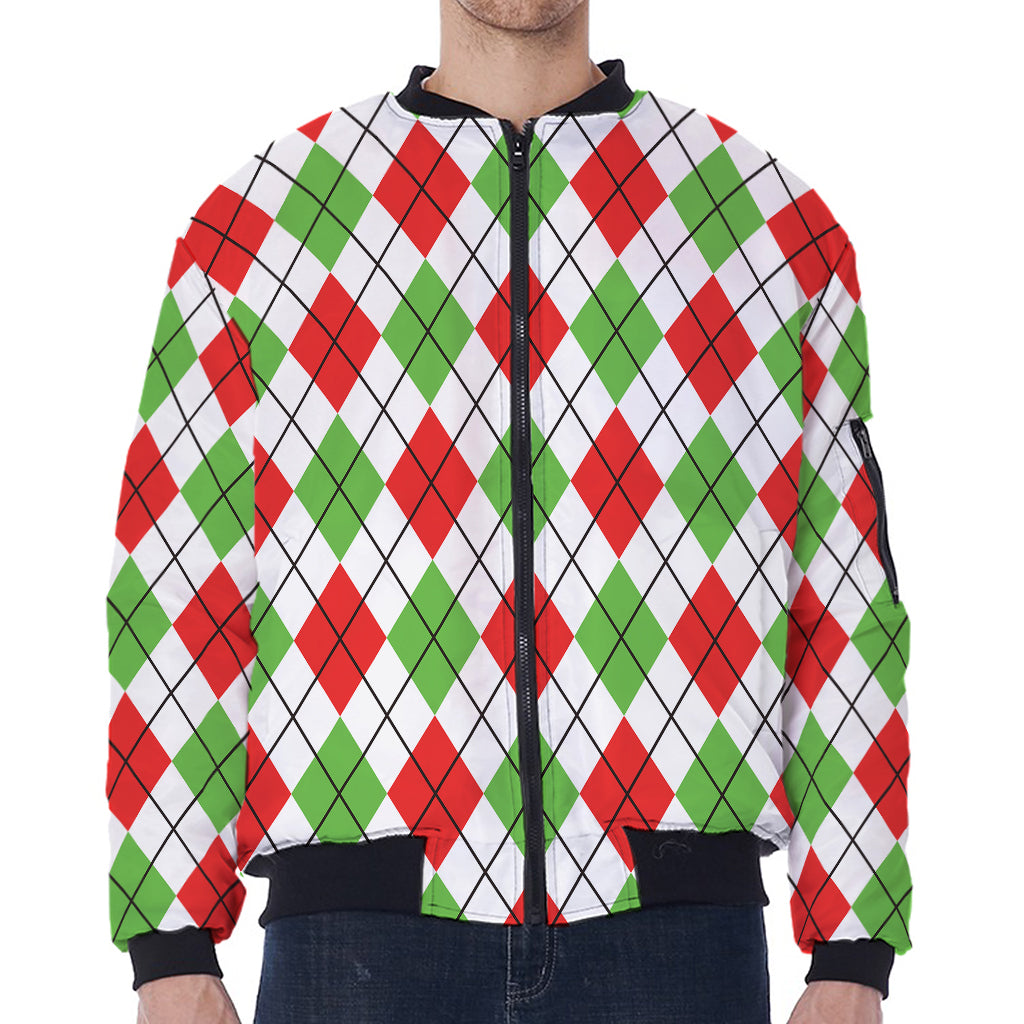 Green Red And White Argyle Pattern Print Zip Sleeve Bomber Jacket