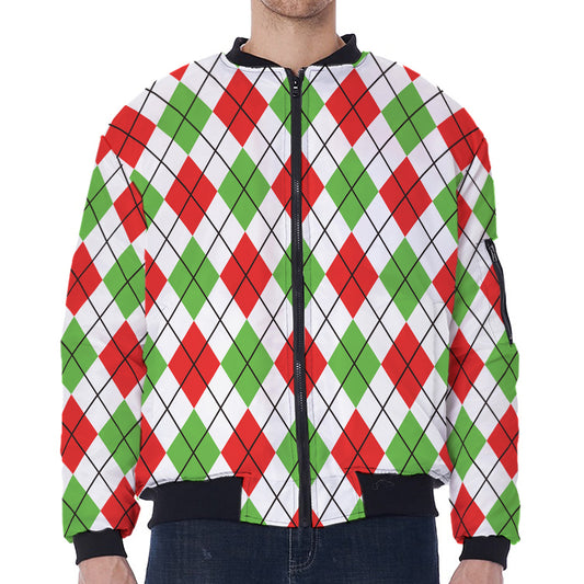 Green Red And White Argyle Pattern Print Zip Sleeve Bomber Jacket