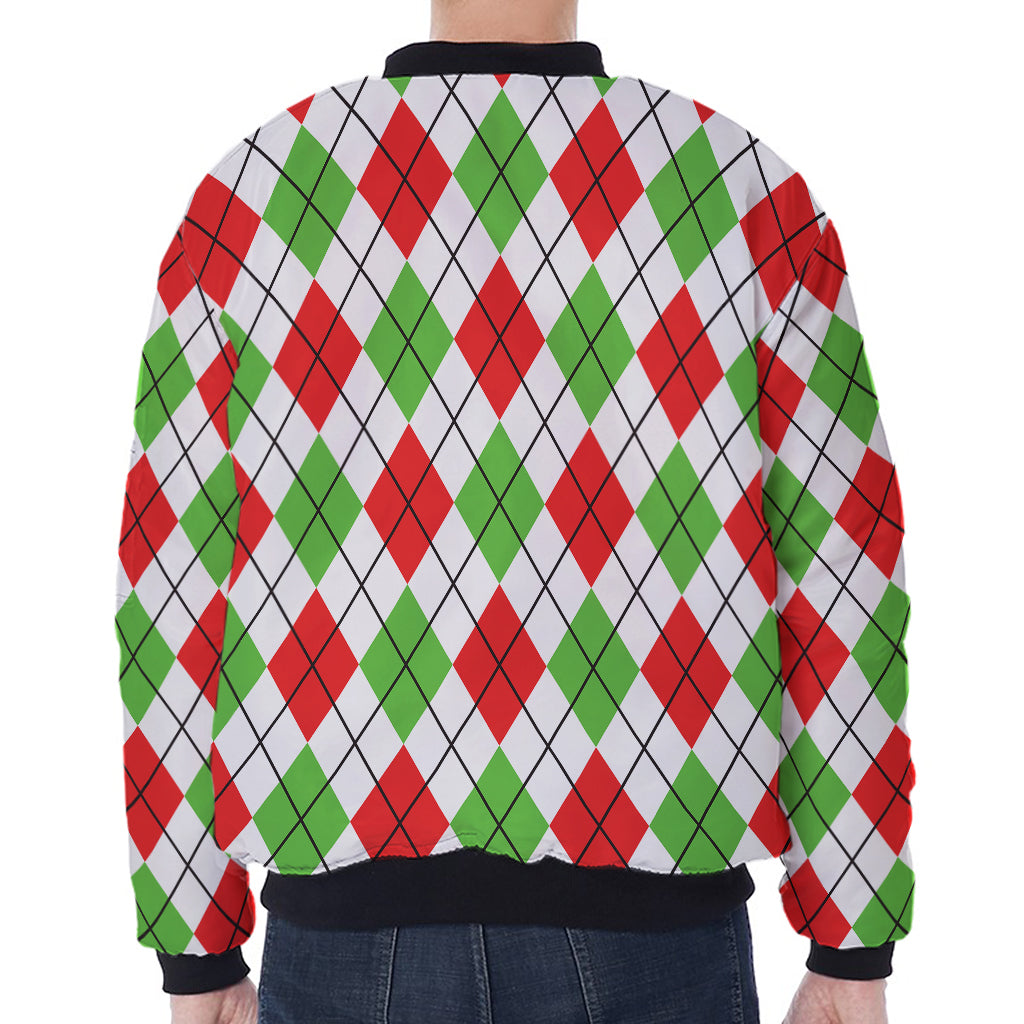 Green Red And White Argyle Pattern Print Zip Sleeve Bomber Jacket