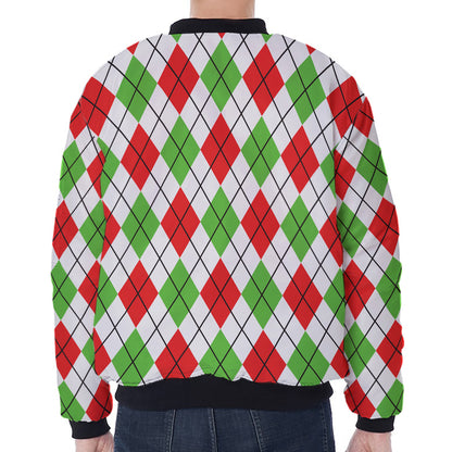 Green Red And White Argyle Pattern Print Zip Sleeve Bomber Jacket