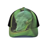 Green Reticulated Python Snake Print Black Mesh Trucker Cap
