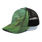 Green Reticulated Python Snake Print Black Mesh Trucker Cap