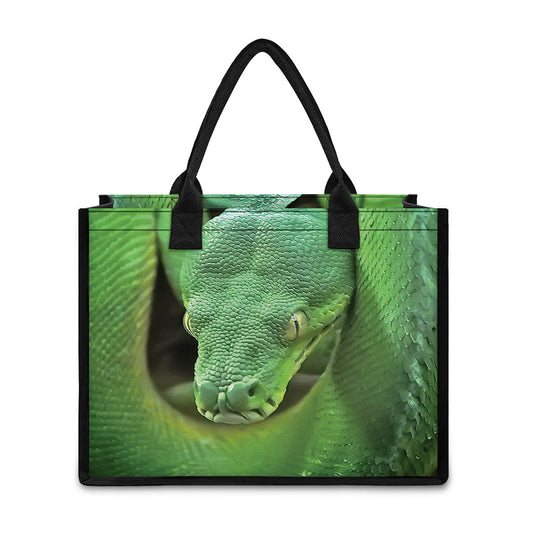 Green Reticulated Python Snake Print Canvas Tote Bag