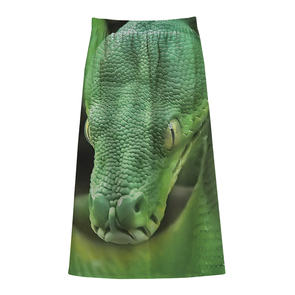 Green Reticulated Python Snake Print Cotton Front Slit Maxi Skirt