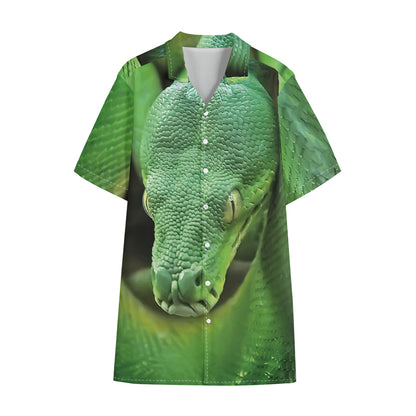 Green Reticulated Python Snake Print Cotton Hawaiian Shirt